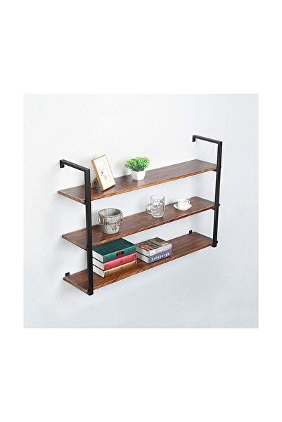 Hitit Dekorasyon Tasnia Siyah Metal Ahşap Duvar Rafı 120cm 3 Katlı