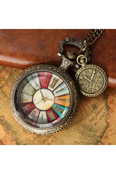 valkyrie Vintage Antique Design Colorful Roman Numeral Copper Case Transparent Cover Quartz Pocket Chain Sa