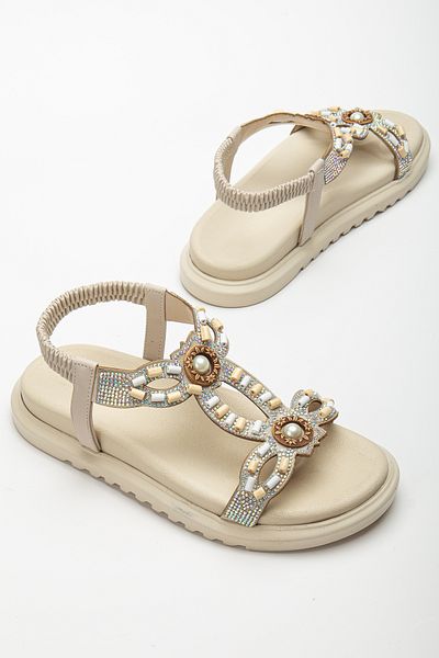 Tonny Black Women's Beige Stone Embroidered Sandals with Elastic Back