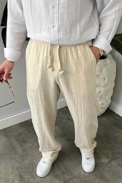 BayAygün Bayaygun 5070 Baggy Joger Linen Trousers_Beige
