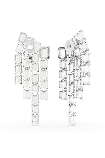 Swarovski Millenia Klipsli Küpeler, Sekizgen kesim, Avize, Beyaz, Rodyum kaplama