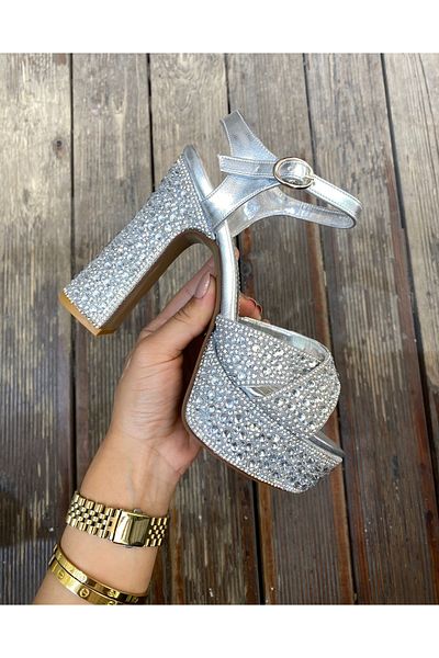 Afilli Silver Women's Stoned Shiny Evening Dress Wedding Engagement Wedding Dress Platform Thick High Heels Sandals Shoes