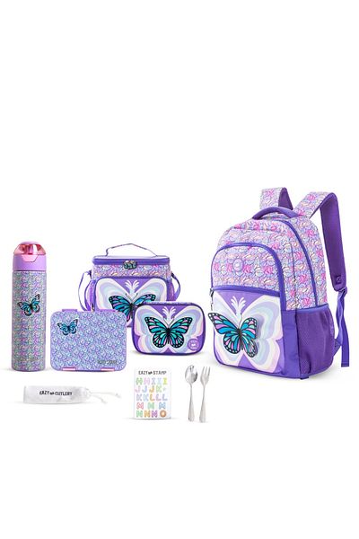 Eazy Kids مجموعة من 5 حقائب ظهر مقاس 18 بوصة مع زجاجة مياه، وصندوق غداء، وحقيبة غداء، وحافظة أقلام - فراشة ثلاثية الأبعاد بنفسجية