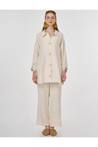 Kayra Button Detailed Rayon Double Suit Ecru