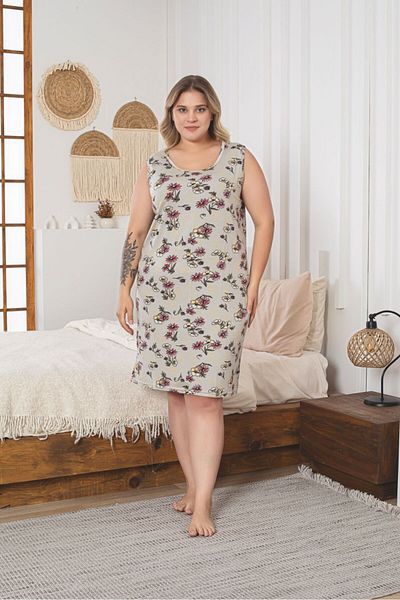 Asel Women's Floral Patterned Plus Size Lycra Combed Cotton Dress