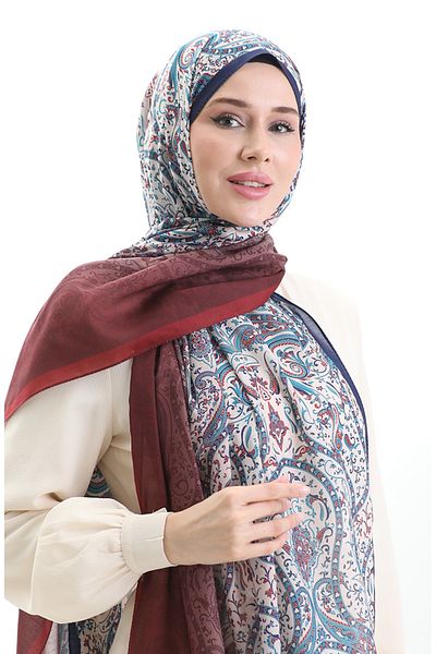 sefamerve Σάλι από βαμβάκι με σχέδιο Karaca 82003-03 Claret Red Navy Blue