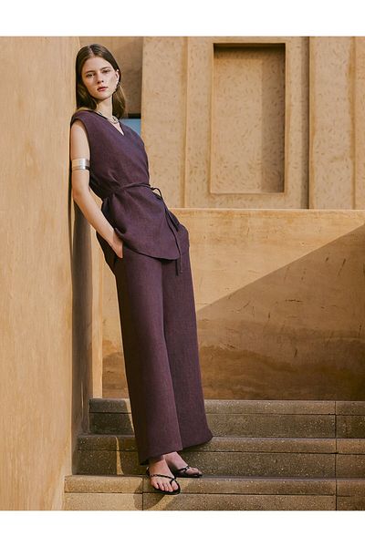 Kayra 100% Linen Vest Suit Claret Red