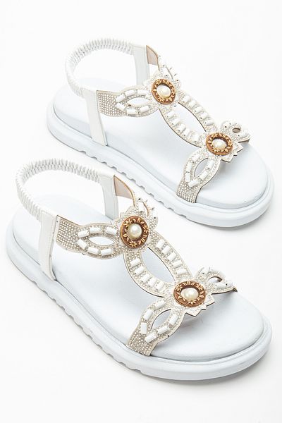 Tonny Black Women's White Stone Embroidered Sandals with Elastic Back