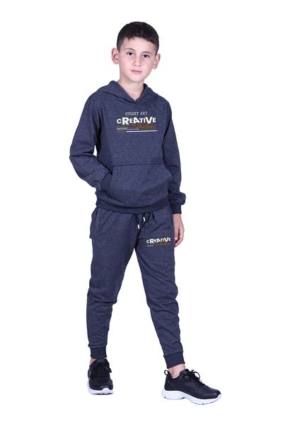FYK KİDS Boy's Track Suit with Hooded Kangaroo Pocket and Creati̇ve Text Printed