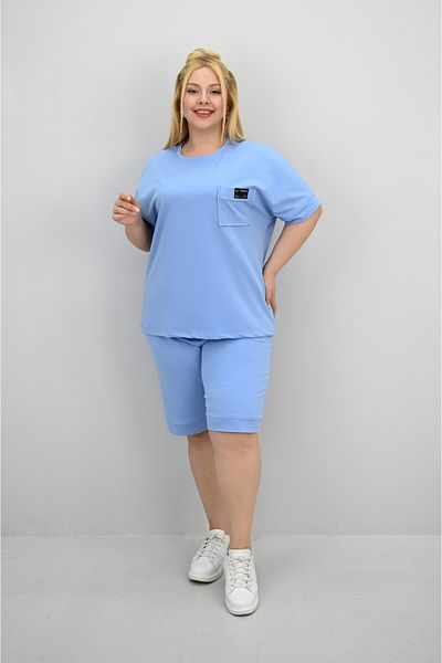 Koza Butik Women's Plus Size Short Sleeve Pocket Detailed Shorts Set 8209-25