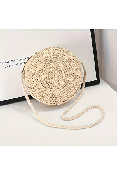 WasWink El Yapımı Yuvarlak Bej Örgü Çapraz Çanta - Fermuarlı Omuz Çantası, Bo...