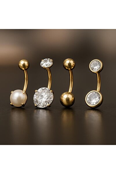 LUZZ SECRET'S 14K Altın Kaplama Göbek Piercing Seti |İnci & Zirkon Taşlı 4’lü Set