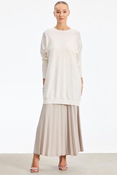 Tığ Triko Shoulder Leaf Stone Printed Rayon Tunic Vanilla