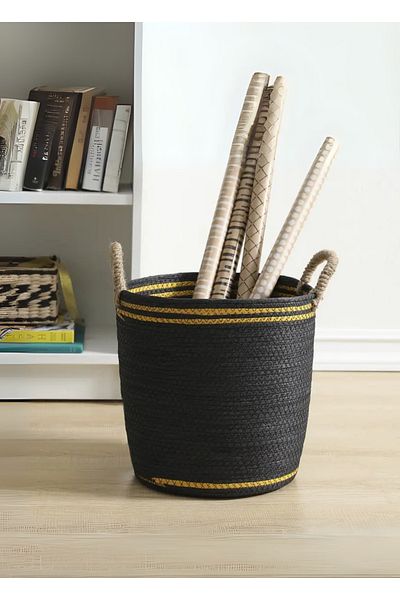 sfb Set of 3 Black Jute Woven Baskets - Decorative Storage and Organization Baskets with Handles