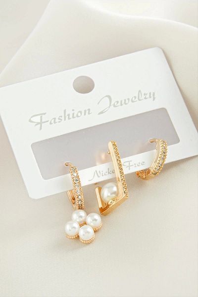 KAKTÜS JACK 3 Pieces Flower Pearl Zircon Stone Earrings