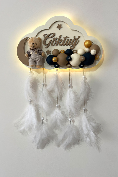 Ahşaplan Bubble Ledli Bulut Bebek Kapı Süsü | Bebek Odası Duvar Süsü