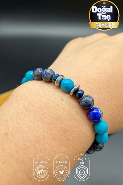 Balzamin Design Blue Harmony – Lapis Lazuli Turquoise Hematite Natural Stone Flexible Combination Unisex Bracelet