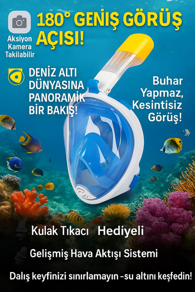 emybox 180 Derece Panoramik Dalış Maskesi Şnorkel Aksiyon Kamera S/M Tam Yüz ...