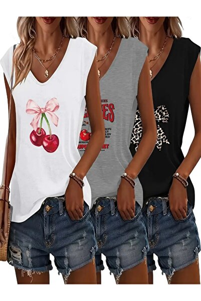 mercoledi Γυναικείο σετ μπλουζάκι 3 χρωμάτων με στάμπα V λαιμόκοψη Αμάνικο Ov...