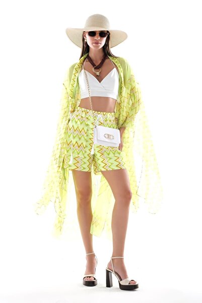 Genel Markalar Desenli Şifon Kimono Ve Vual Şort Takım