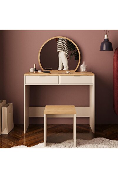 Bimossa V2060 Flora Tabureli Makyaj Masası Sepet-Kumtaşı Aynalı, Takı Düzenleyicili, Çekmeceli