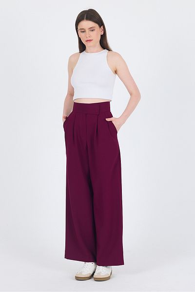 Rays Burgundy Velcro Closure Detailed Palazzo Trousers 1615