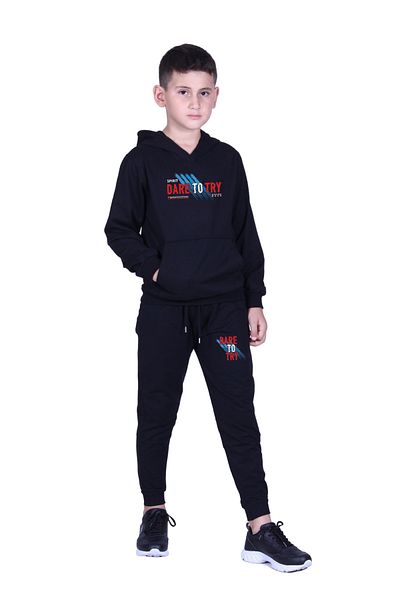 FYK KİDS Hooded Kangaroo Pocket Dare to Try Text Printed Boy's Tracksuit Set
