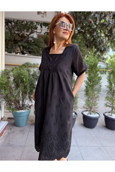 DenizEge Square Neck Brode Dress Black-46