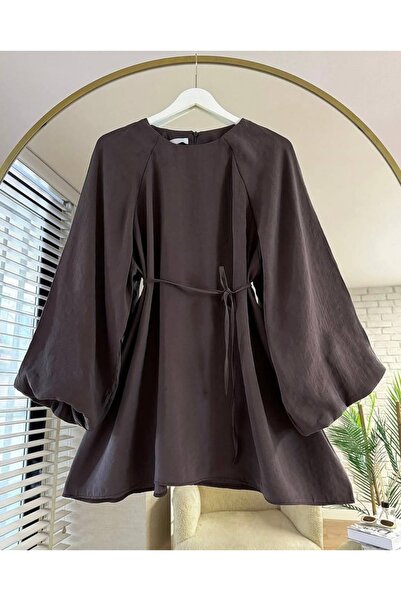 Bahar Altundemir Women's Balloon Sleeve Waist-Tie Hijab Brown Tunic Shirt Rz01