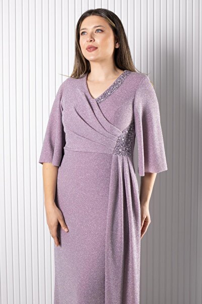 SUBU TASARIM Evening Dress with Stone Print Detail Lilac Tbsmda2541