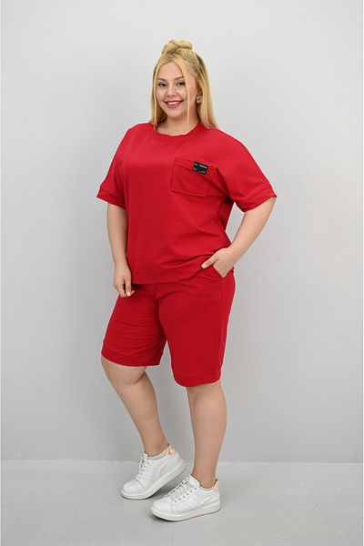 Koza Butik Women's Plus Size Short Sleeve Pocket Detailed Shorts Set 8209-25