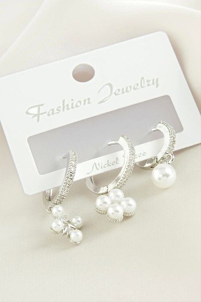 Enseb 3 Pieces Flower Pearl Zircon Stone Earrings