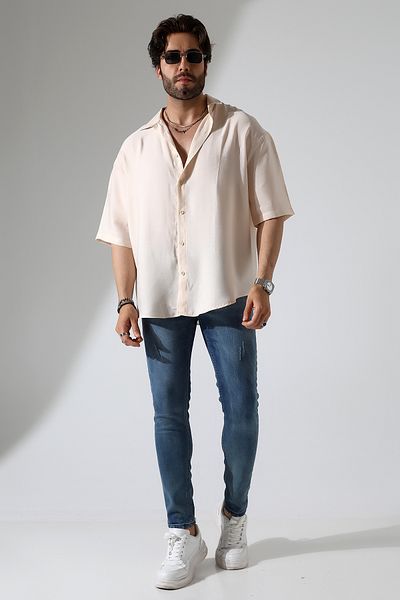 GÖMLEKÇİNİZ Men's Shirt Oversize Fit Short Sleeve Cotton Linen Men's Shirt