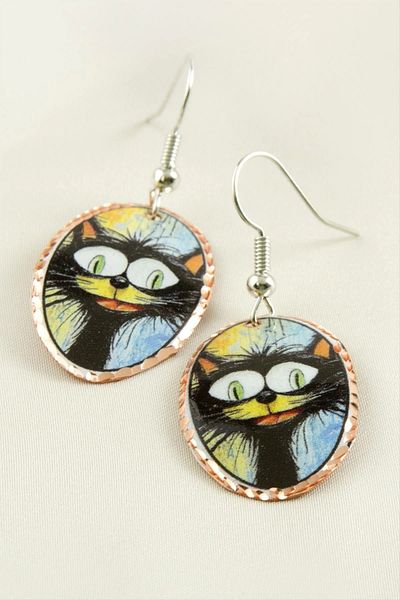FTAKRY Cat Pattern Oval Copper Earrings
