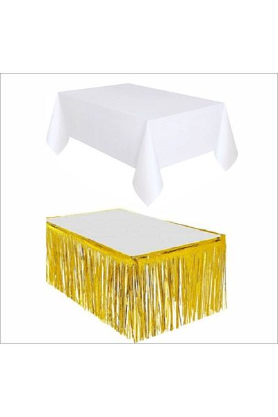 ZENVİVA 4 Pieces White Table Cloth, Gold Table Skirt, 2 Pieces Gold Back Fonts