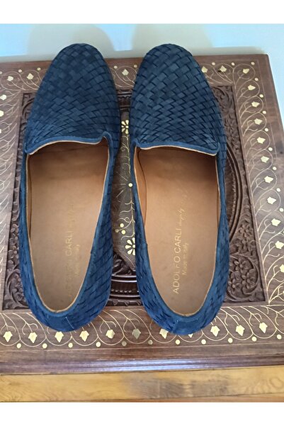 Adolfo Carli Unisex el yapımı hakiki deri süet el örgü lacivert ince dikişli hakiki kösele tabanlı loafer İtalyan