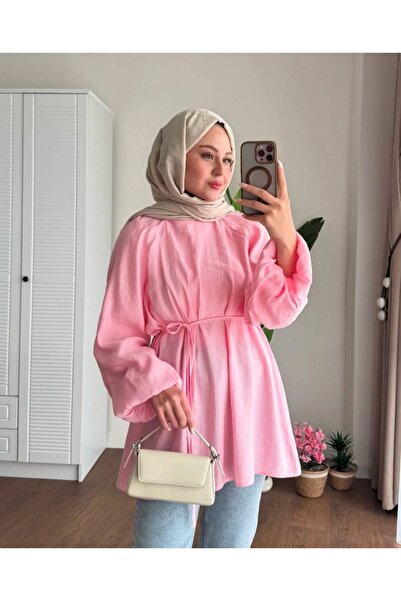 Bahar Altundemir Women's Balloon Sleeve Belly Tie Pink Testetture Tunic Shirt...