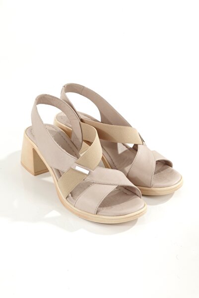 Modabuymus Madleen Cream Beige Color Soft Genuine Leather Women's Sandals Thick Heels Shoes