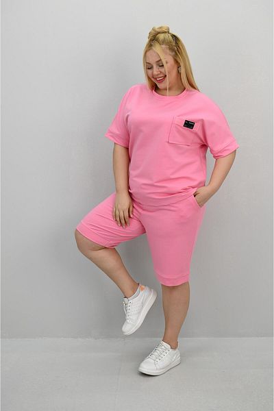 Koza Butik Women's Plus Size Short Sleeve Pocket Detailed Shorts Set 8209-25