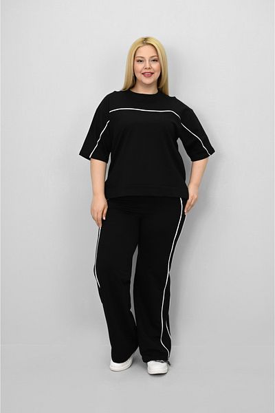 Koza Butik Women's Plus Size Short Sleeve Loose Leg Tracksuit Set with Intermediate Piping Detail 8189-25