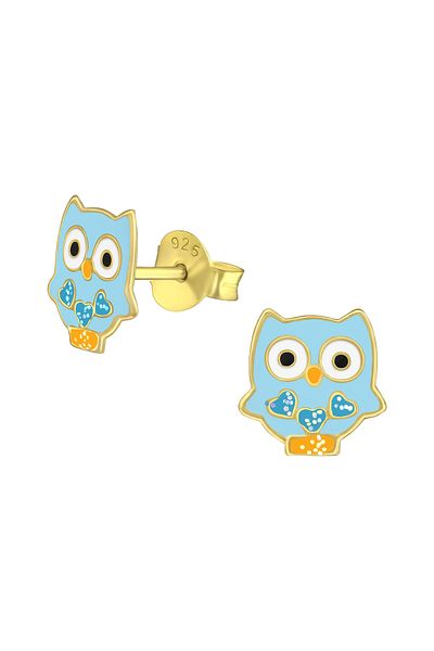 Sophia Collection Children's earrings, 925 silver, 24k gold plated, Owl model, light blue