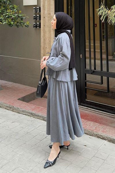 lamelif Μπλούζα με φιόγκο μπροστά Φούστα Hijab Σετ Γκρι