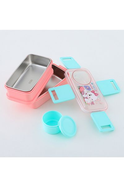 Fab N Funky Cat Themed Lunchbox, Two Layers, Compact, Lightweight - Pink and Green