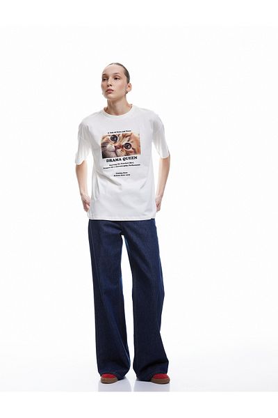 Koton New Season Short Sleeve Crew Neck Cotton Cat Printed Oversize T-Shirt