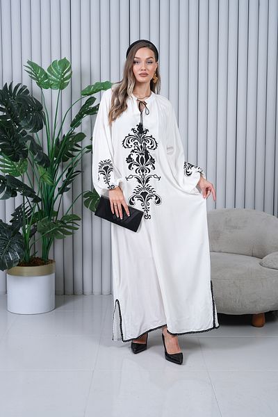 EL jadida Women's Embroidered Pompom Viscose Long Dress White