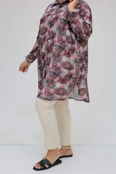 Eslina 58052 Large Size Men's Collared Jesica Shirt Tunic - Leaf Pattern Claret Red