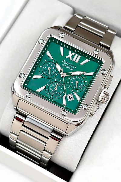 Ferrucci Function Men's Wristwatch Steel Case & Steel Cord Silver-Green Zmfer188