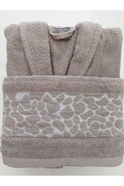 Beğenal Mink Colored 100% Cotton Jacquard Stone Double Bathrobe Set