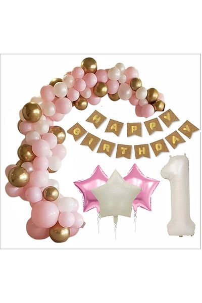 ZENVİVA 1 Year Old Kraft Gold Banner, 30 Pieces Pink, Gold, White Balloon 2 Pink 1 Beige Star Birthday Set