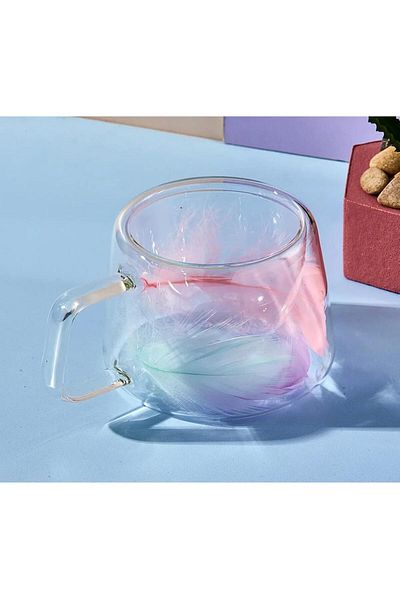 YzHome 2 Double Walled Glass Cup Feather Mug 250ml